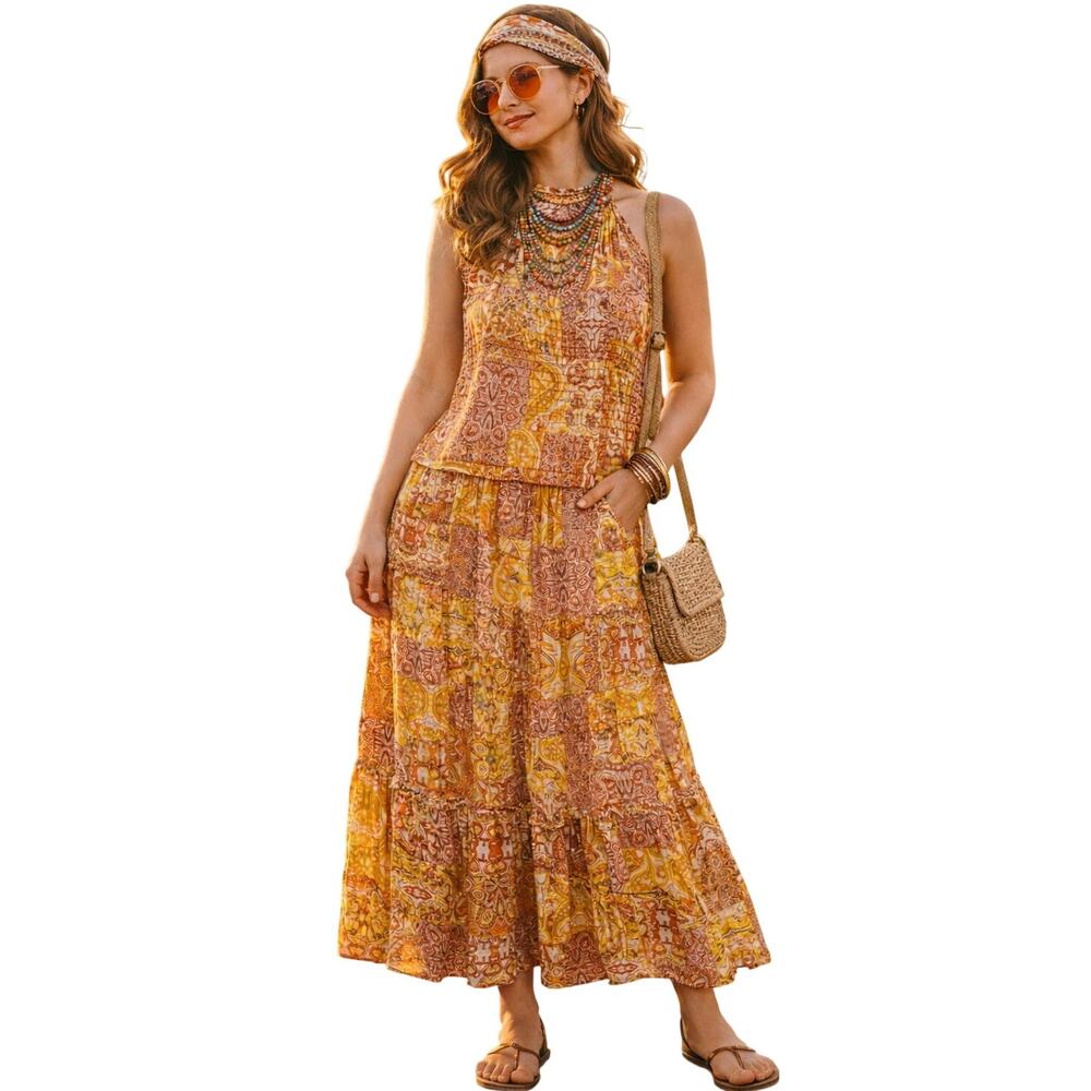 NWT Christian Siriano 2 Piece Halter Top Wide Leg Pants Set XS 70s Boho Festival